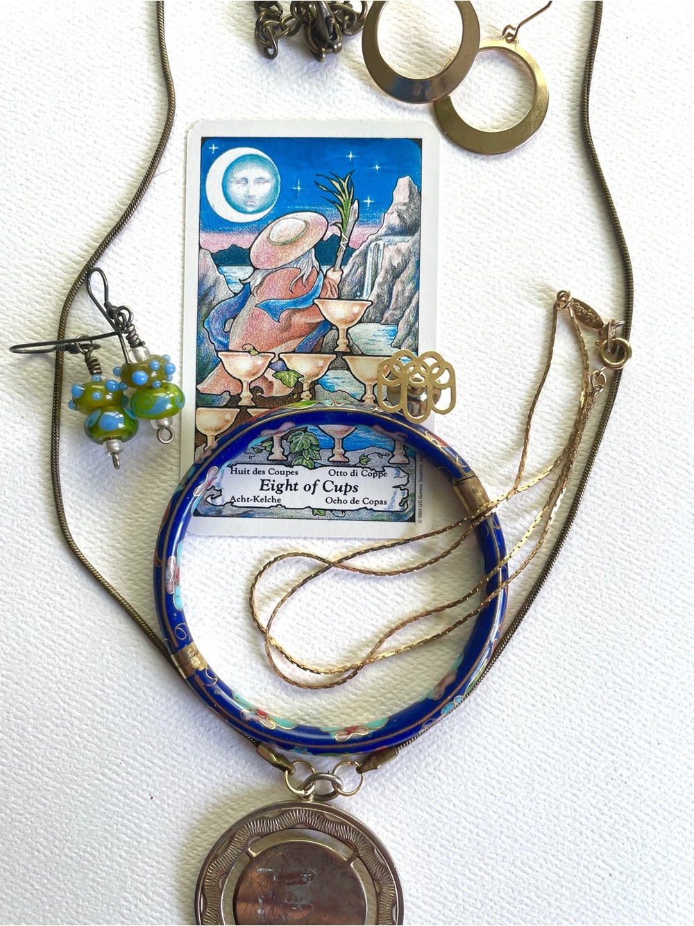 Blue Enamel Cloisonné Bangle Necklace with Gold Pendant set